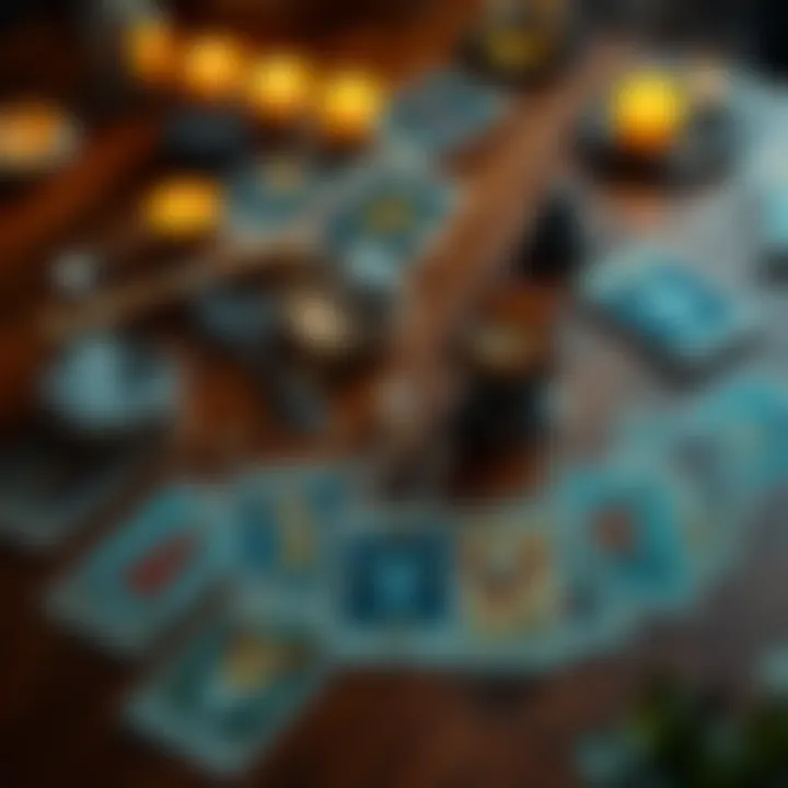 Tarot cards spread on a table A selection of tarot cards laid out on a wooden table with a crystal ball and candles nearby