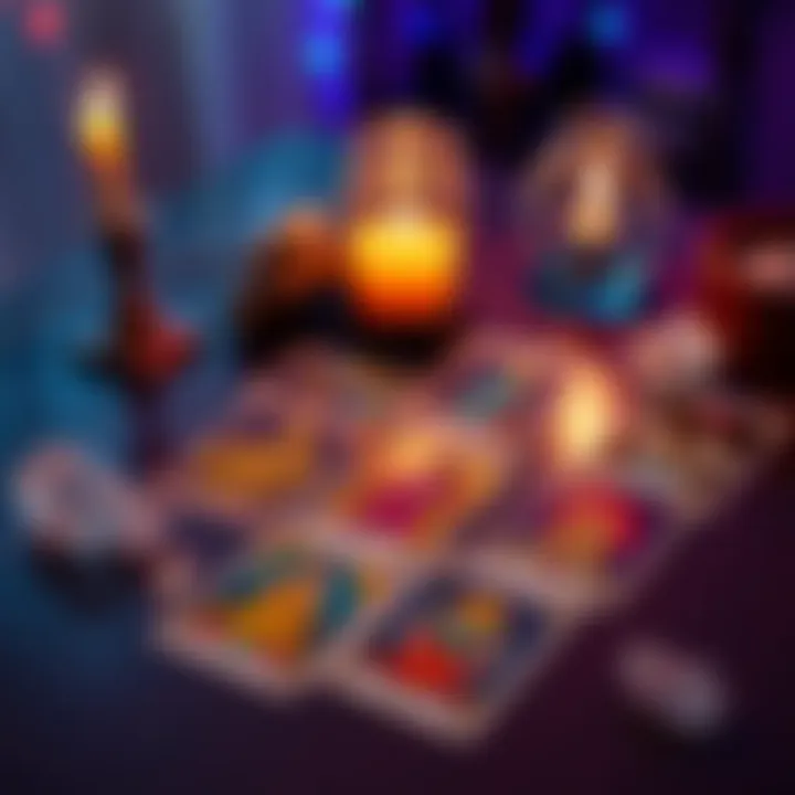 A set of colorful tarot cards spread out on a table, with a candle and crystals nearby, creating a calming atmosphere.