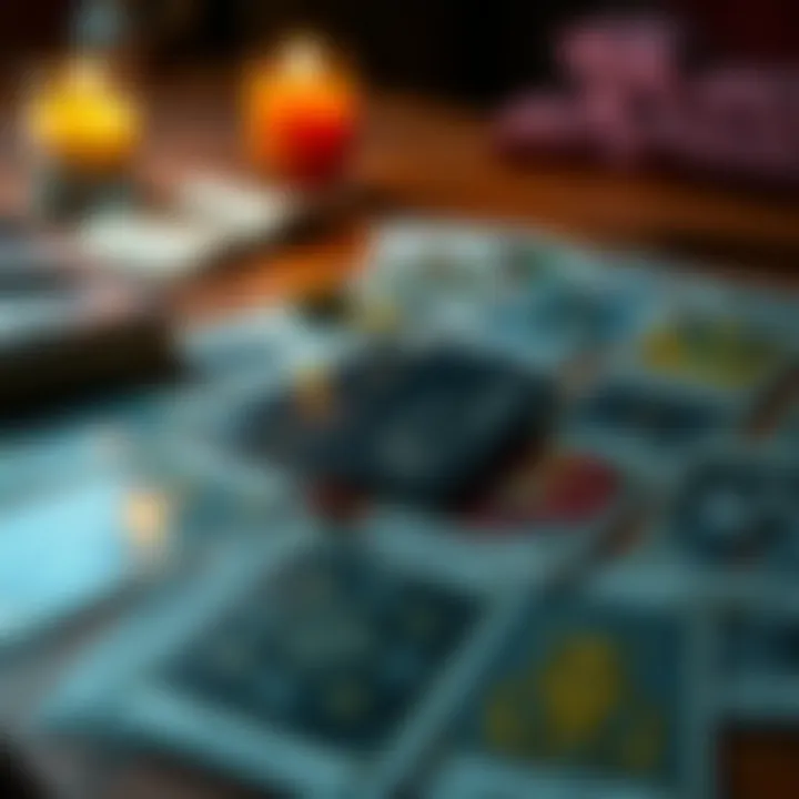 A close-up of tarot cards spread out on a wooden table, with a candle and a notebook nearby, symbolizing a tarot reading session.