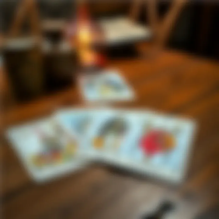 A selection of tarot cards including the Knight of Wands and Knight of Swords laid out on a wooden table, with a cozy background.