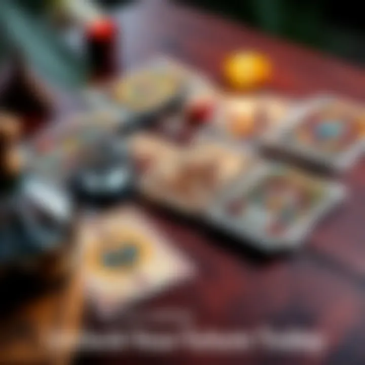 A spread of colorful tarot cards on a wooden table with a crystal ball beside them