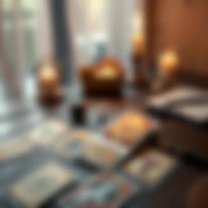 Tarot Cards on a Table A set of tarot cards spread out on a wooden table, with a candle and a notebook nearby, suggesting a personal reflection.