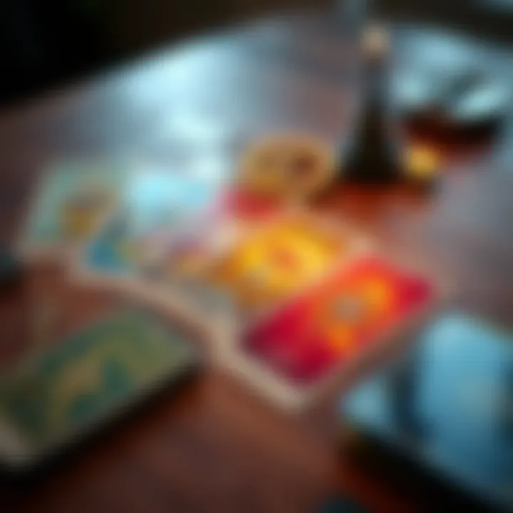 A set of colorful tarot cards spread out on a wooden table with a gentle light shining over them