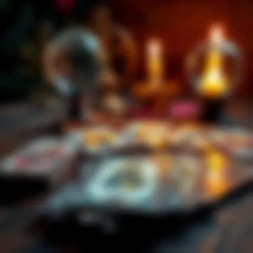 Tarot Cards on a Table A set of tarot cards spread out on a wooden table with a candle and a crystal ball in the background.