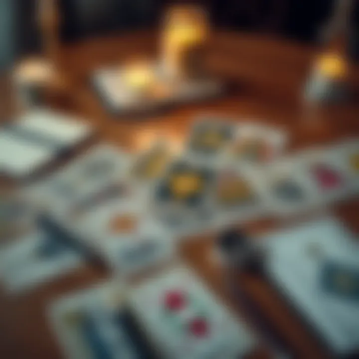 A spread of tarot cards laid out on a wooden table, with a notebook and pen nearby for writing notes.