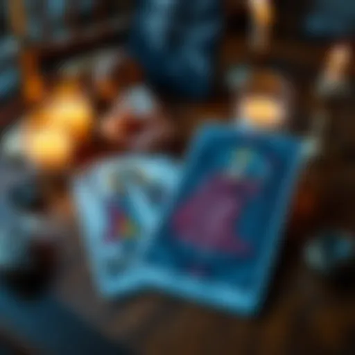 A close-up view of tarot cards with the King of Swords reversed and Queen of Cups face up on a wooden table, surrounded by crystals and candles.