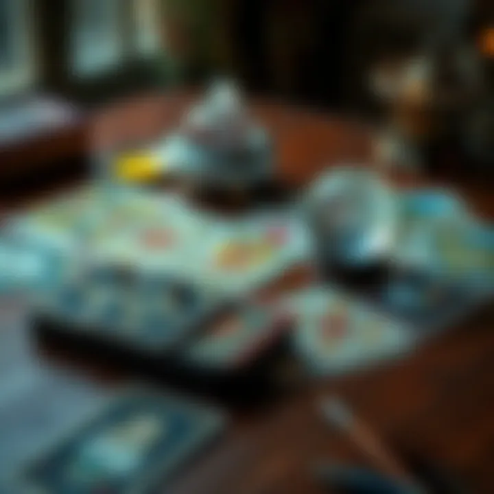 A set of tarot cards on a wooden table, with some cards face up and others face down, and a crystal ball beside them