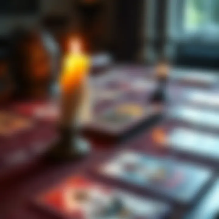A table with a spread of tarot cards and a lit candle, symbolizing a tarot reading session.