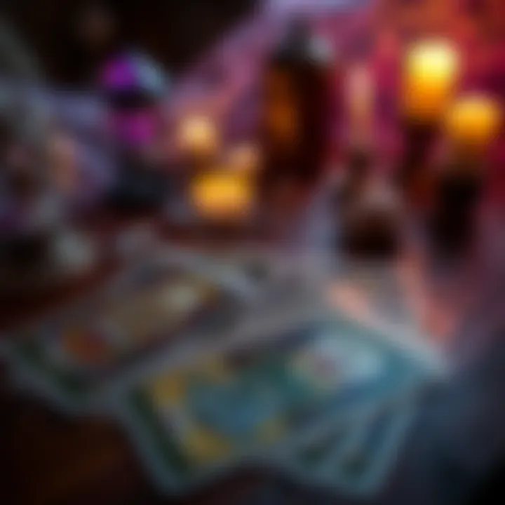 A set of tarot cards spread out on a wooden table with candles and crystals surrounding them.