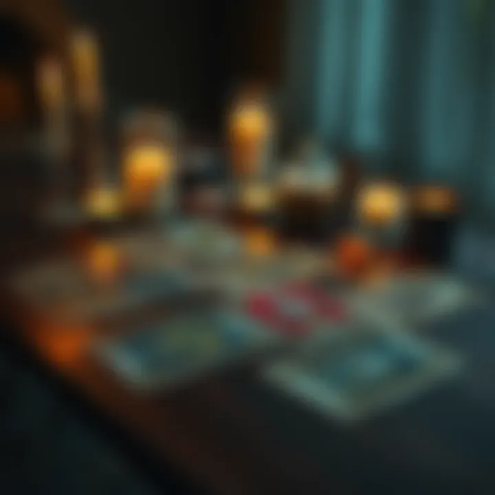 A selection of tarot cards arranged on a wooden table with candles and crystals nearby