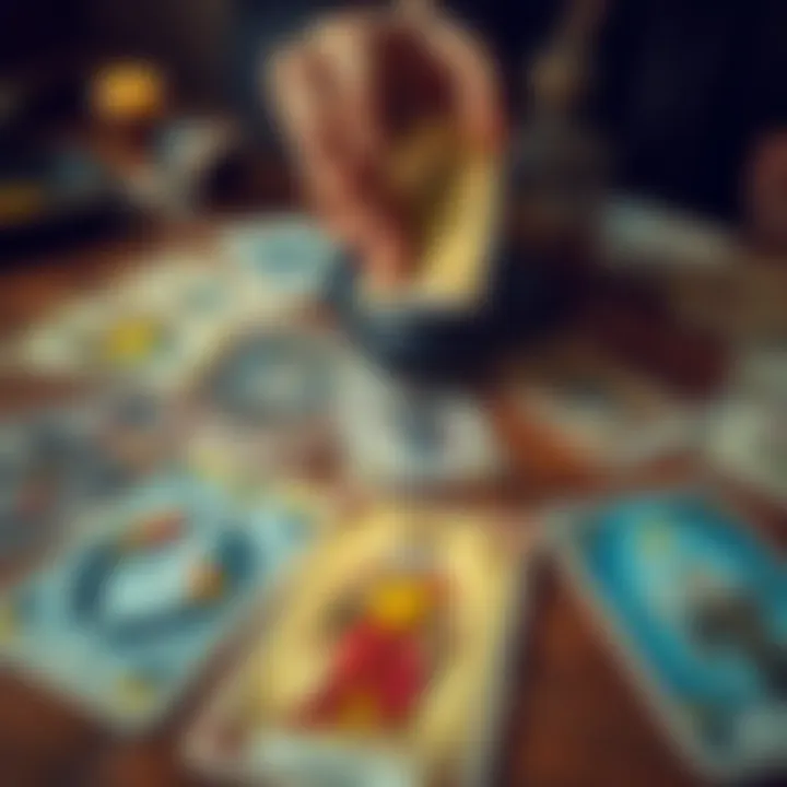 A close-up view of tarot cards laid out on a wooden table, showing various symbols and illustrations, with a person's hand reaching for one card.