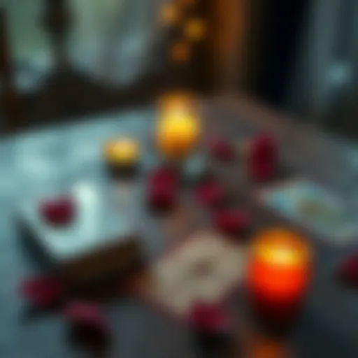A set of tarot cards displayed on a wooden table, with a lit candle and rose petals around them.
