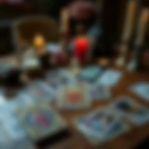 A selection of various tarot cards displayed on a wooden table with candles and crystals around them