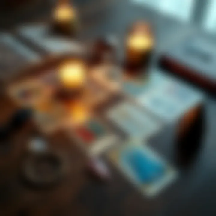 A set of colorful tarot cards laid out on a wooden table, with a candle and crystals beside them, highlighting a private reading setting.
