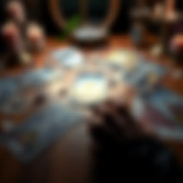 A set of tarot cards displayed on a wooden table with candles and crystals