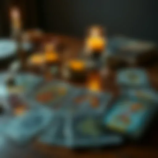 A spread of tarot cards on a wooden table with a candle and crystals around them. The setting looks inviting for a tarot reading.