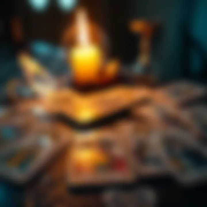 A close-up of tarot cards spread out on a table with a candle and crystal nearby