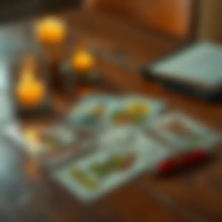 A set of tarot cards laid out on a wooden table with a candle and a notebook nearby, reflecting on career predictions.