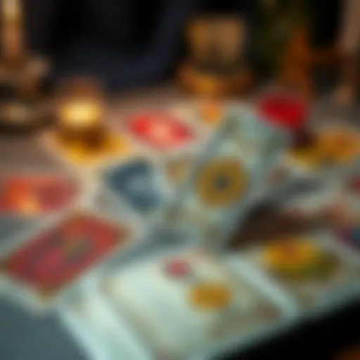 A set of tarot cards spread out on a table with one card flipped, suggesting confusion in readings.