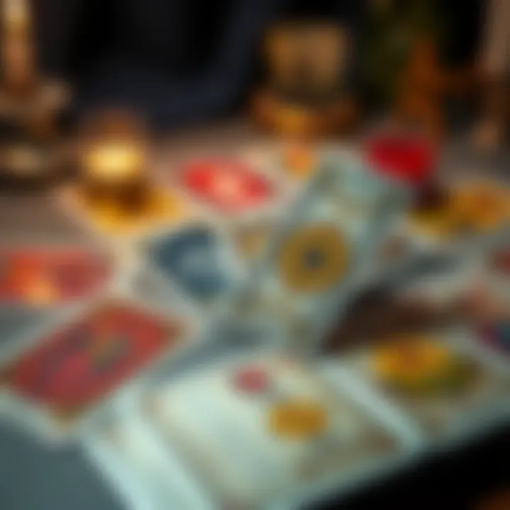 A set of tarot cards spread out on a table with one card flipped, suggesting confusion in readings.