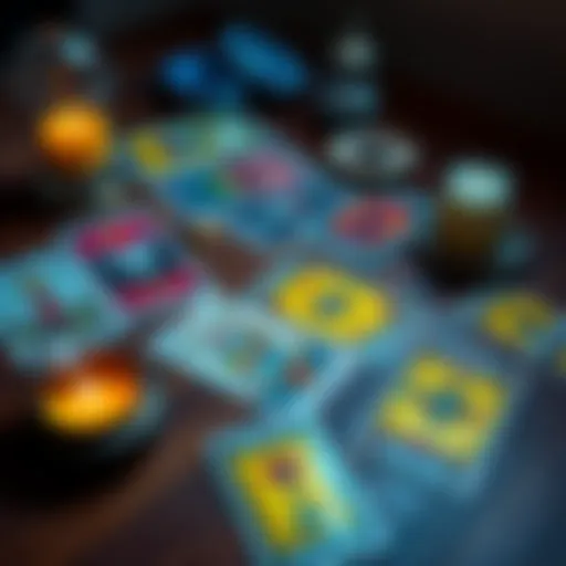 A colorful spread of tarot cards laid out on a wooden table with a crystal and candle beside them