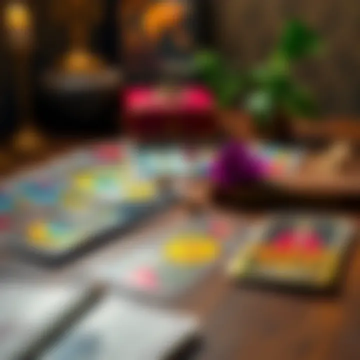 A spread of colorful tarot cards on a wooden table, inviting readers to ask questions or get a reading.