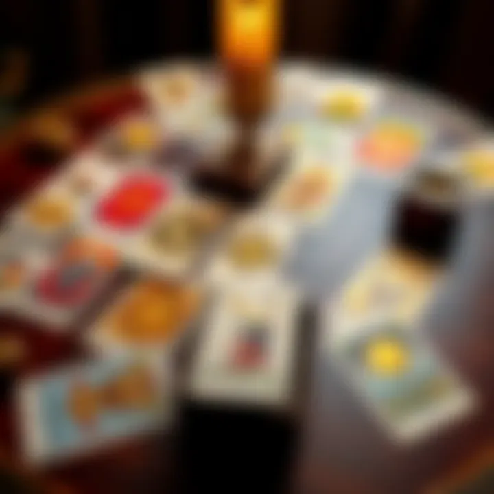 A table with tarot cards spread out, showing a mix of symbols and colors, reflecting a tarot reading setup.