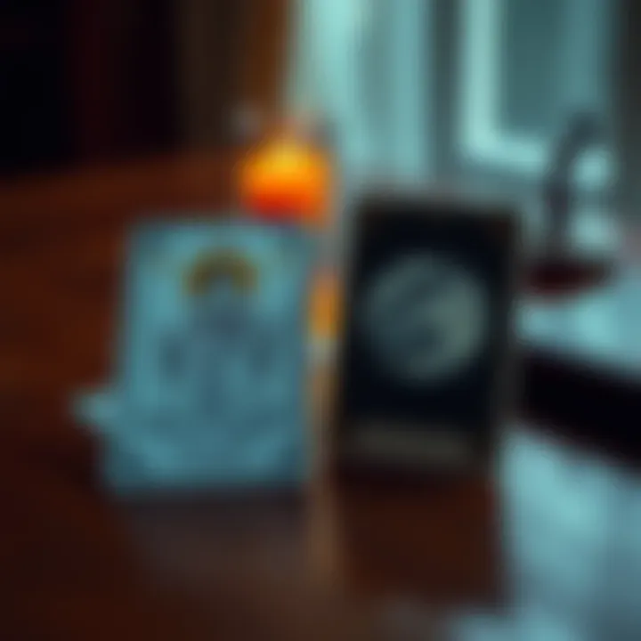Two tarot cards, The Empress and The Moon, placed on a wooden table with a soft light illuminating them, symbolizing a decision-making process about studying medicine.