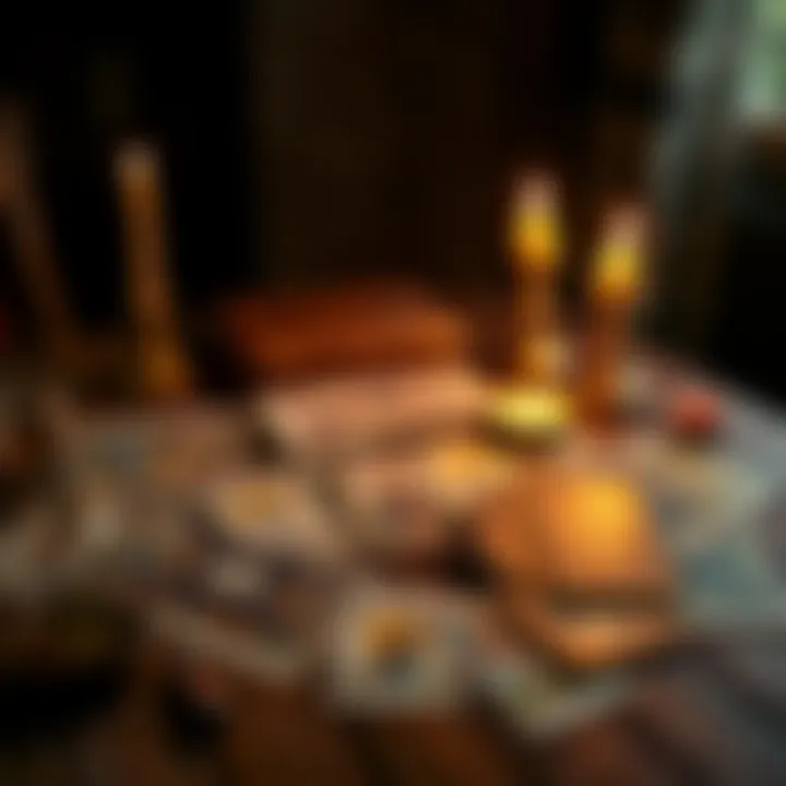 A spread of tarot cards laid out on a wooden table, with candles and a journal beside them, symbolizing spiritual exploration.
