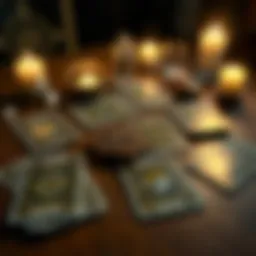 A set of tarot cards laid out on a wooden table, surrounded by crystals and candles, suggesting an atmosphere for intuition and readings.