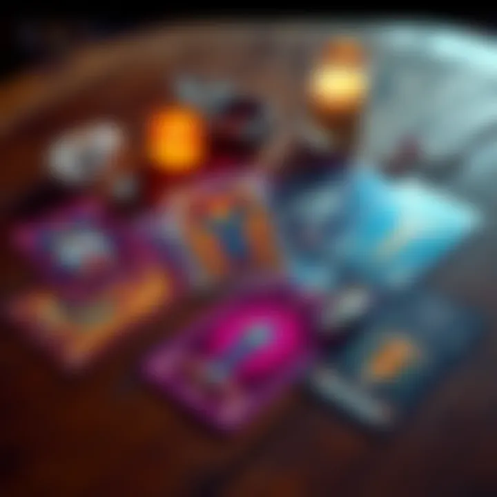 A spread of colorful tarot cards on a wooden table with a candle and crystals nearby
