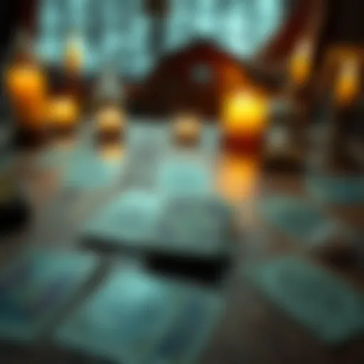 Tarot cards laid out on a table A set of tarot cards arranged on a wooden table, surrounded by candles and crystals, creating a calming atmosphere for a reading.