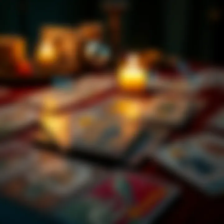 A close-up view of tarot cards laid out on a wooden table with a lit candle beside them, creating a warm atmosphere.