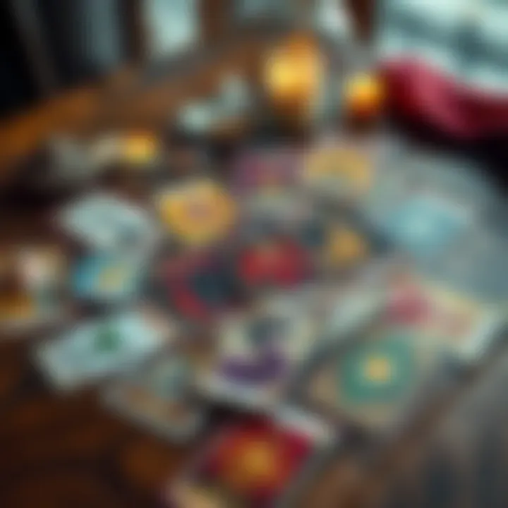 A set of colorful tarot cards laid out on a wooden table with a candle and crystals around them, creating a warm and inviting atmosphere.