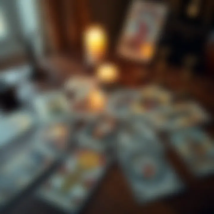 A collection of tarot cards laid out on a wooden table, each displaying unique illustrations and symbols, with a candle in the background for ambiance.
