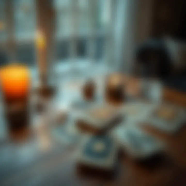 Tarot Cards on a Table A spread of tarot cards on a wooden table with a candle and crystals nearby.