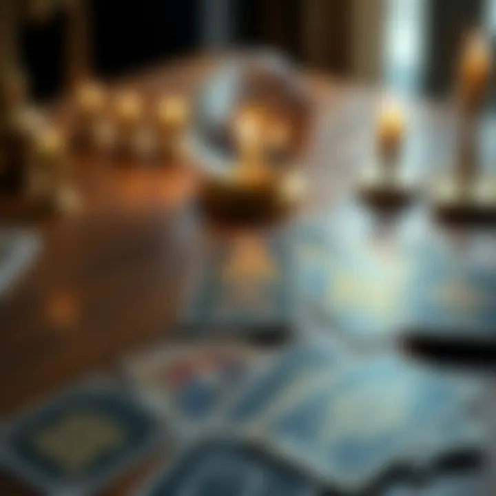 A set of tarot cards spread out on a wooden table with a crystal ball in the background.