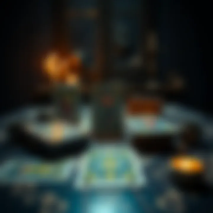 A tarot reading setup featuring the Hanged Man card among other cards, with a dimly lit room creating a somber atmosphere.
