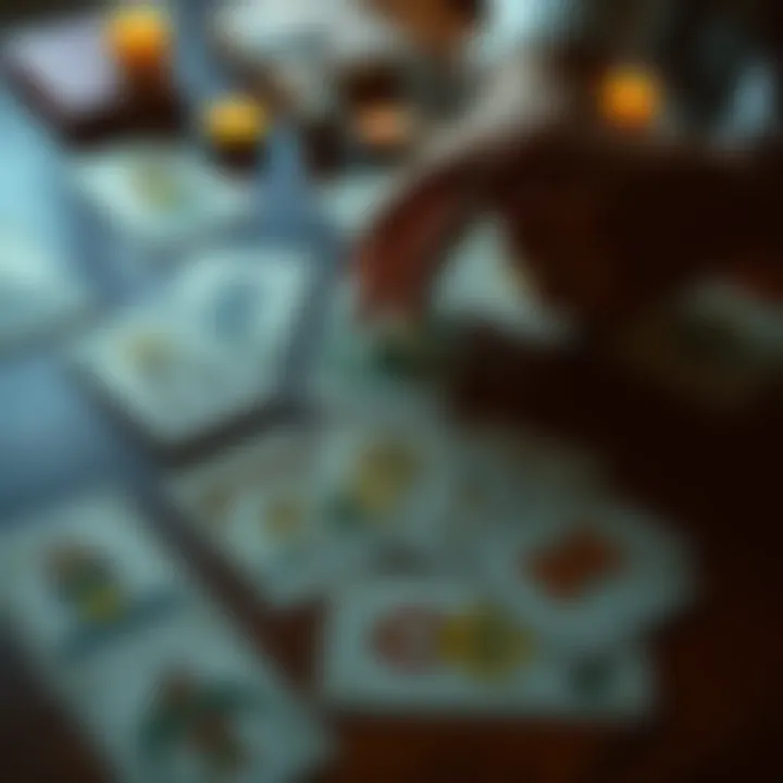 A spread of tarot cards laid out on a wooden table, with a person’s hand reaching towards them, suggesting an introspective moment.