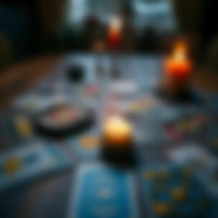 A collection of tarot cards spread out on a wooden table with a candle beside them, representing a tarot reading session.