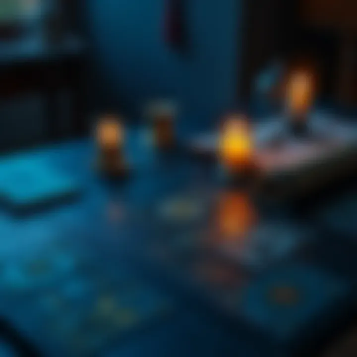 A table with tarot cards spread out, a candle and a notebook nearby, showing a creative workspace