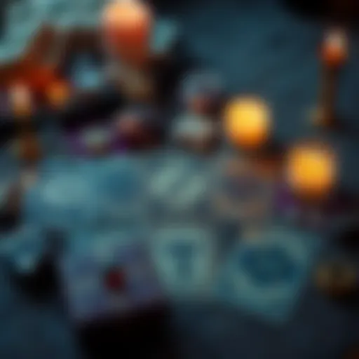 A set of tarot cards laid out with symbols indicating yes or no answers, surrounded by crystals and candles for a spiritual reading atmosphere.