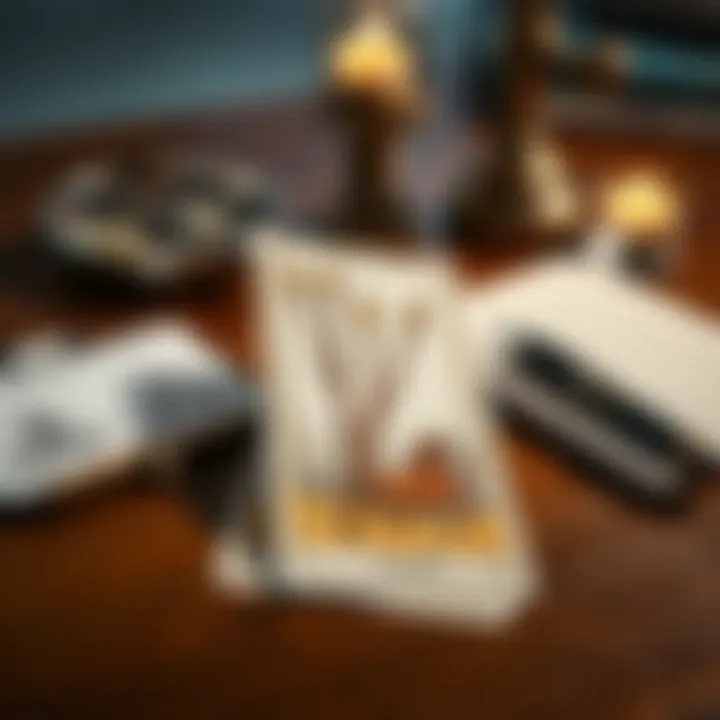 Two tarot cards, 7 and 9 of Wands, placed on a wooden table with a notepad and pen nearby, symbolizing career choices and challenges.