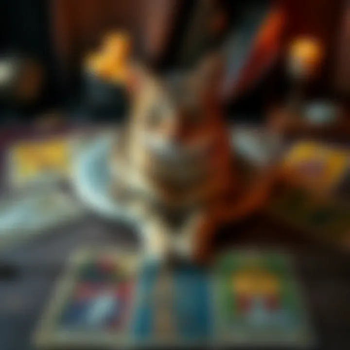 A tarot spread featuring cards and a photo of a cat, symbolizing grief and healing after the pet's passing.