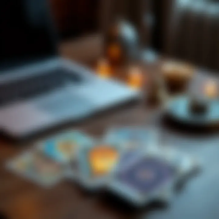 A set of colorful Tarot cards laid out next to an open laptop, symbolizing online Tarot courses.