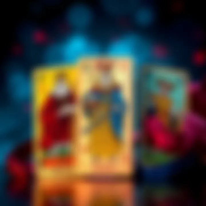 A colorful depiction of various tarot court cards featuring a king, queen, knight, and page, each representing different personality traits.