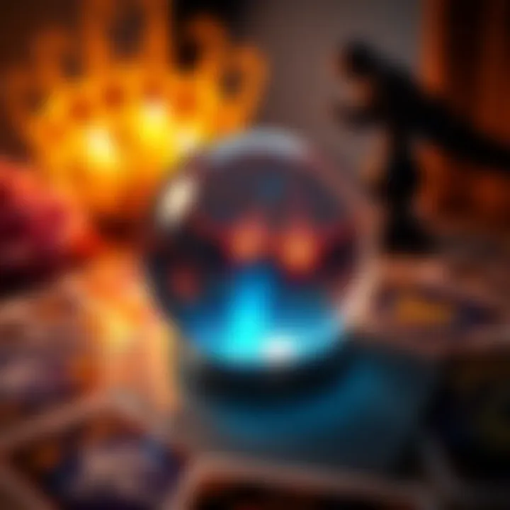 A set of tarot cards placed around a glowing crystal ball, symbolizing a reading session for soulmates.