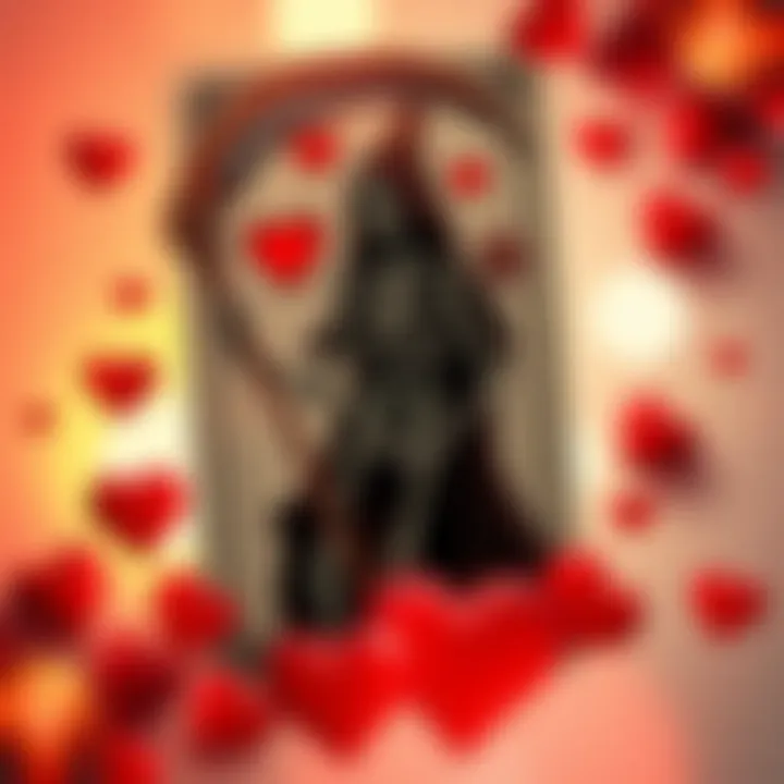 The Death card from a tarot deck featuring a skeleton holding a scythe, surrounded by hearts symbolizing love and relationships.