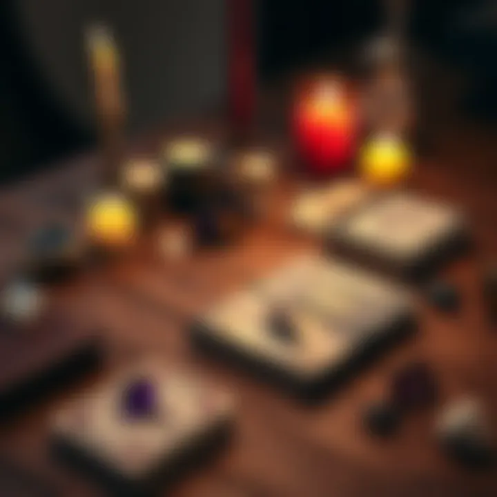 A tarot deck spread out with crystals, candles, and a notebook on a wooden table, inviting beginners to start reading.