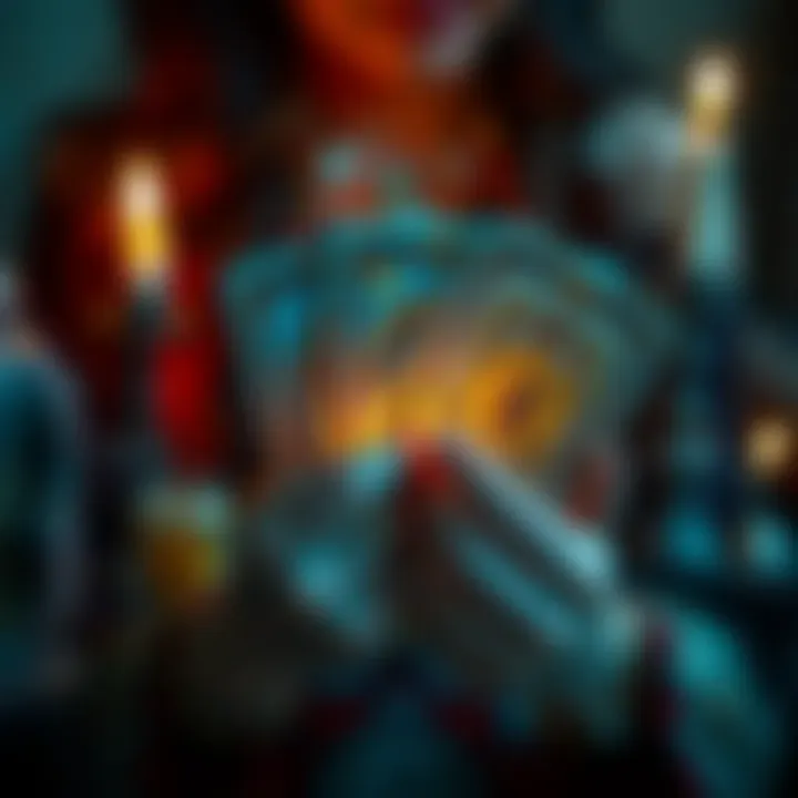 A person holding a decorated tarot deck with candles and crystals, showing their unique bonding ritual.